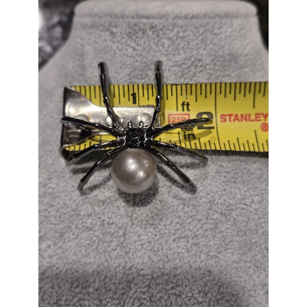 Gunmetal Spider Pendant Brooch Faux Silver Pearl Body & Black Rhinestone 2x1.75" - Picture 10 of 13